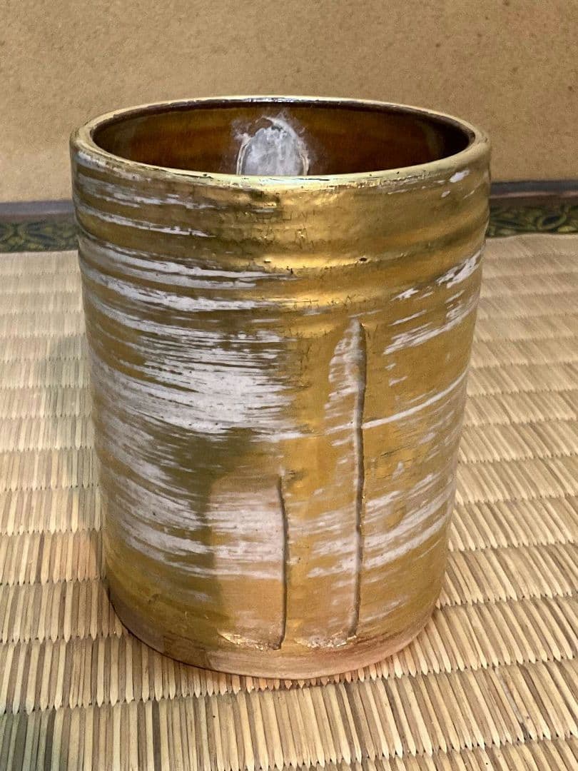 膳所焼　岩崎新定　篭目花入＆黄金掛け花入　淡海ぜぜ　陽炎園造　共箱　剣山付　陶芸