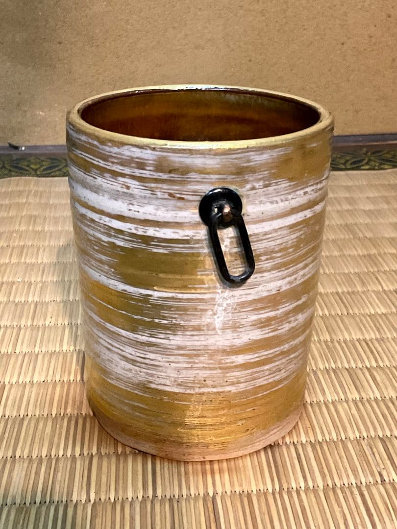 膳所焼　岩崎新定　篭目花入＆黄金掛け花入　淡海ぜぜ　陽炎園造　共箱　剣山付　陶芸