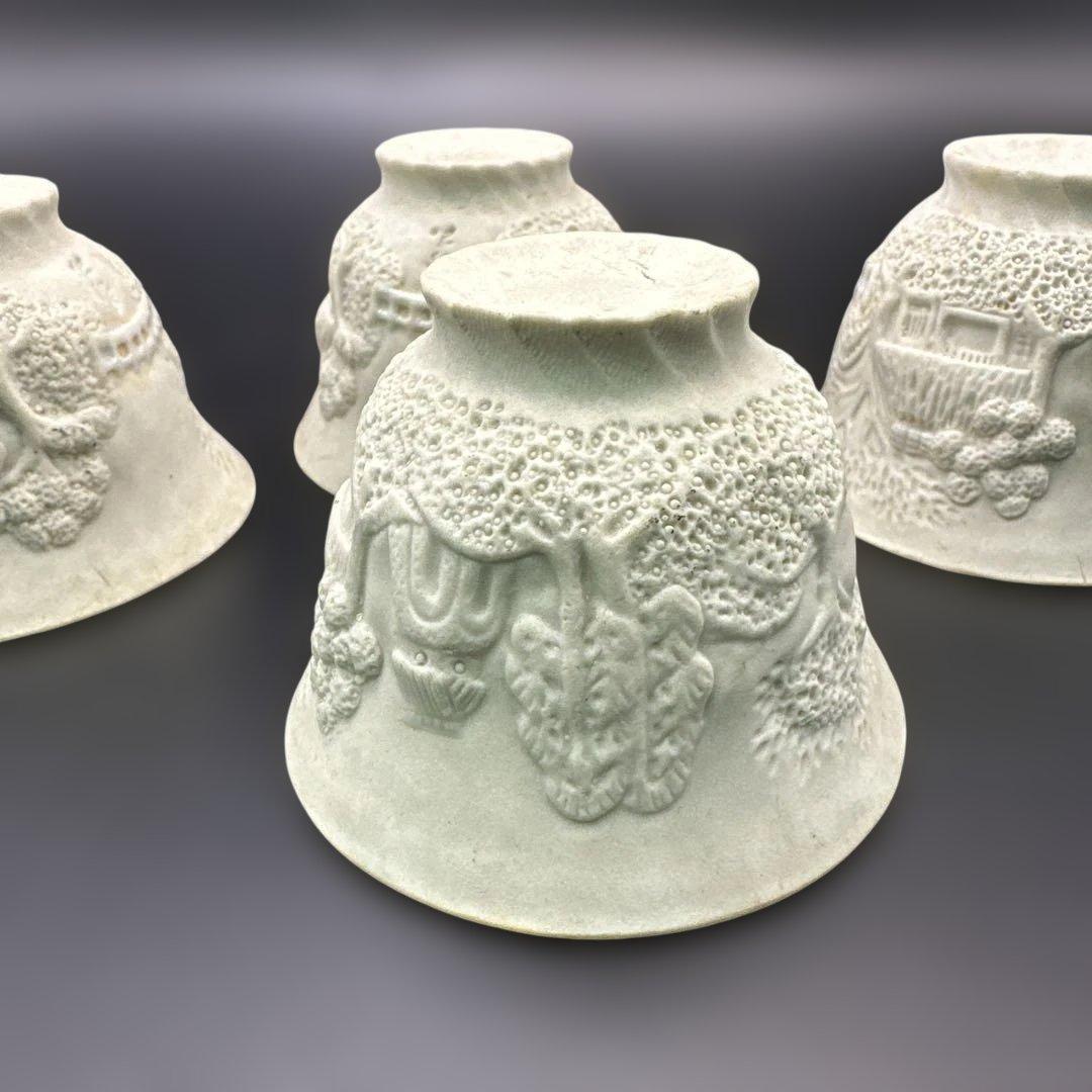 萬古焼，古萬古，浮彫り風景の陶器ボウル4個セット