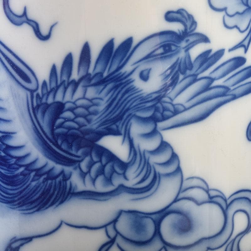 中国　青花　雲龍鳳凰文瓶　花瓶　唐木台付　一双　箱付　V　9066A