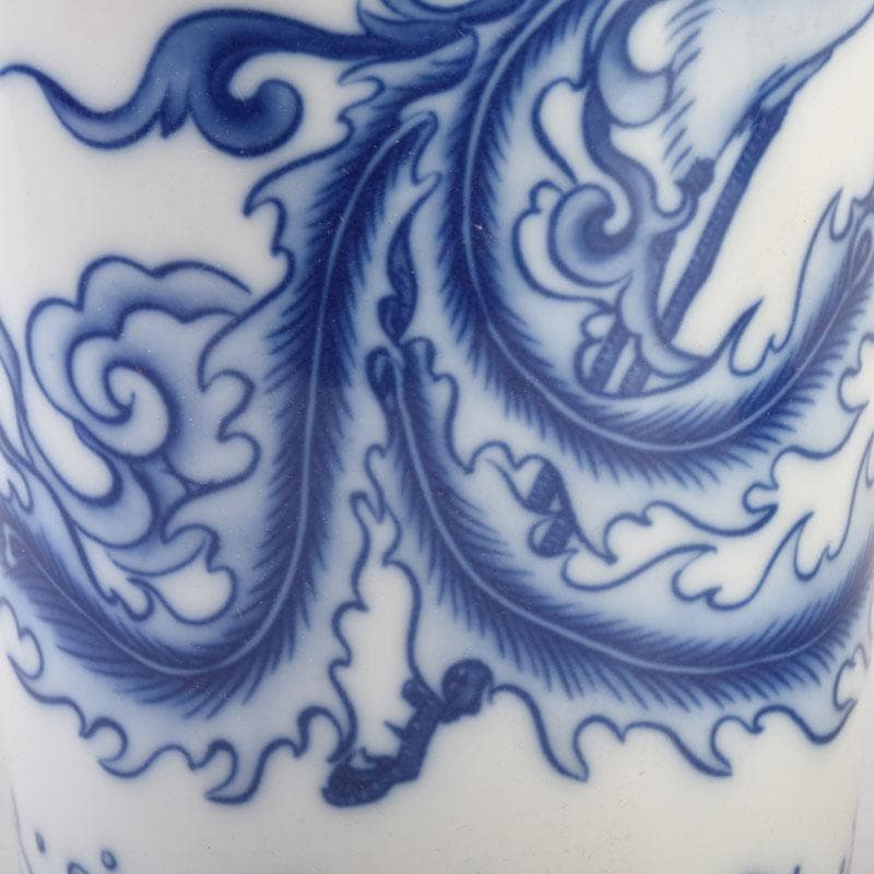 中国　青花　雲龍鳳凰文瓶　花瓶　唐木台付　一双　箱付　V　9066A