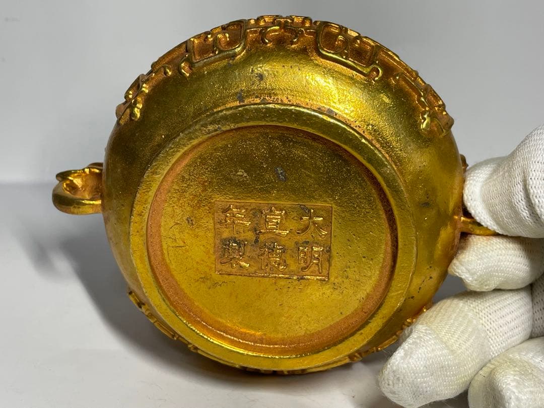 中国古美術　大明宣徳年製　象耳塗金香炉　中国骨董品　旧家蔵品　重さ548g