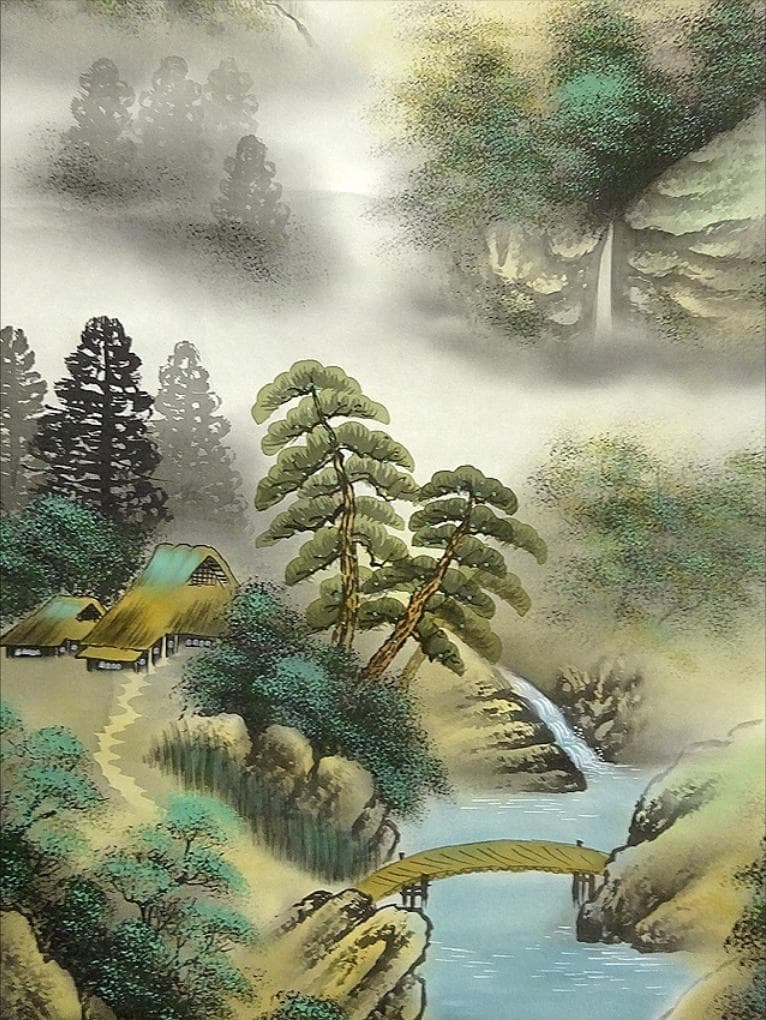 掛軸 小林雄山『彩色山水図』日本画 絹本 肉筆 共箱付 掛け軸 a033112