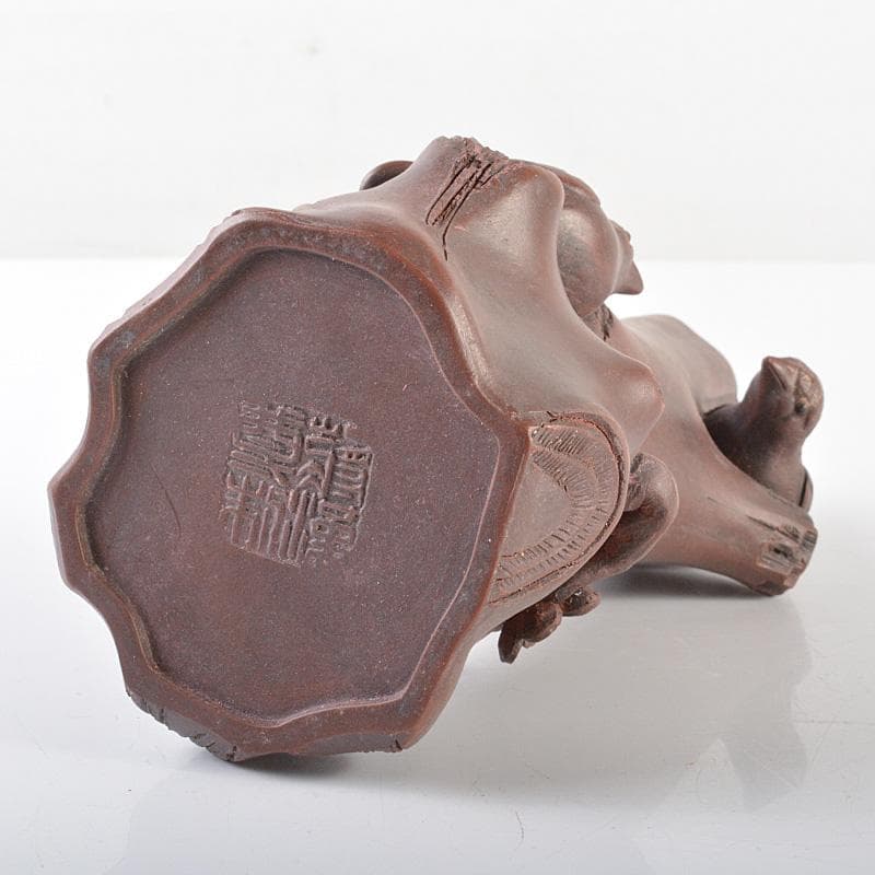 中国　紫砂　朱泥　梅に鳥彫　花瓶　在銘　V　R6388