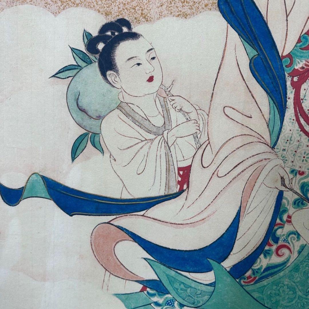 張大千 蟠桃献寿 三尺中堂 掛け軸｜証書付き｜中国人物画