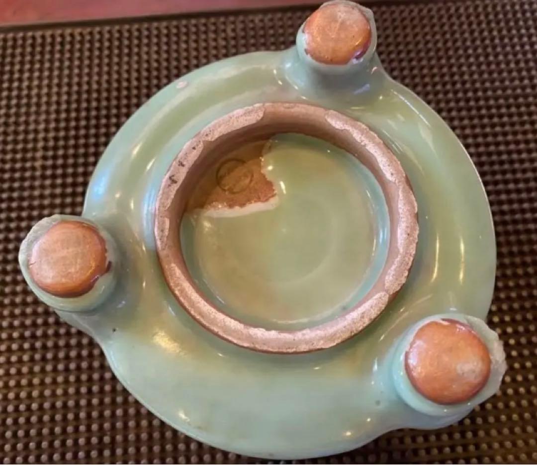 青磁三脚香炉・陶器剣山付き　２点セット ヴィンテージ　レア