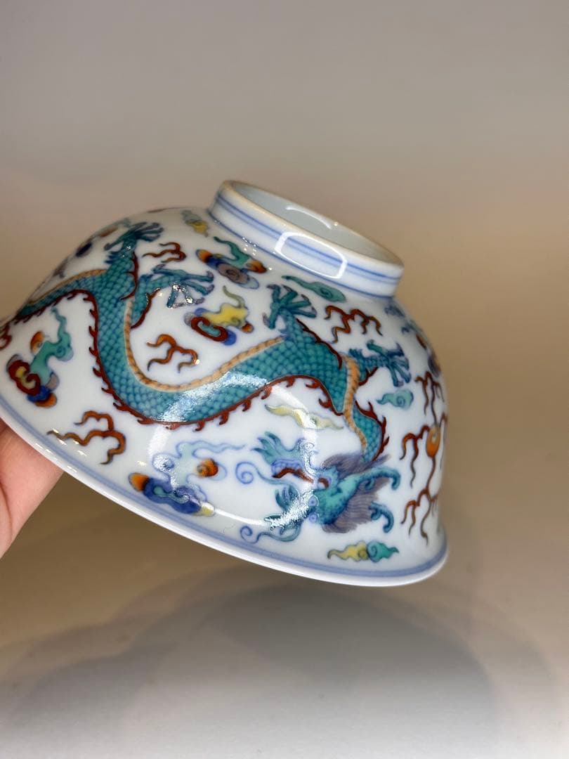 大清雍正年制 底款 二龍戯珠 彩绘 碗 中国古董品 コレクション