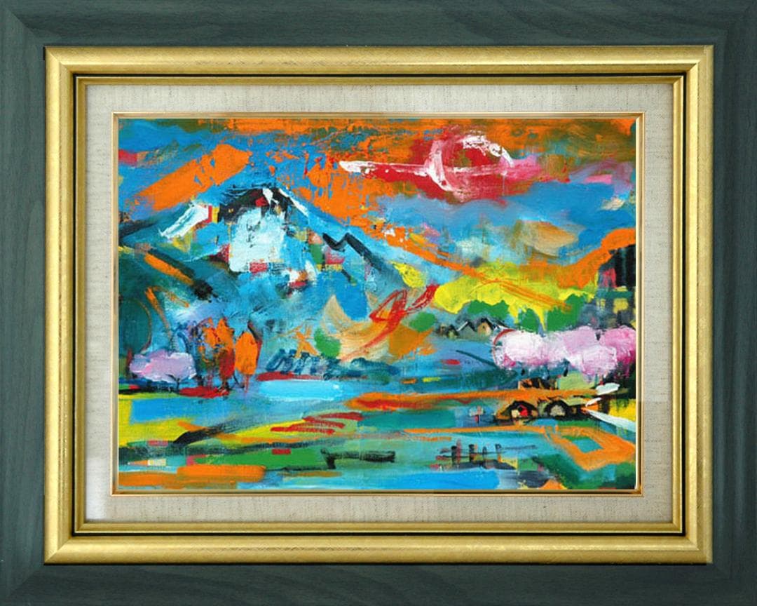 油絵 菅家令子 絵画インテリア額付(青緑＋金色の枠)uF6-063203風景田園