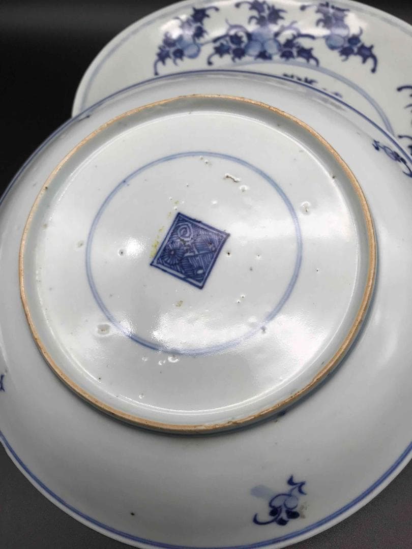 中国古美術　清雍正ー乾隆時代　染付花紋　唐草紋　皿　一対(B-2)