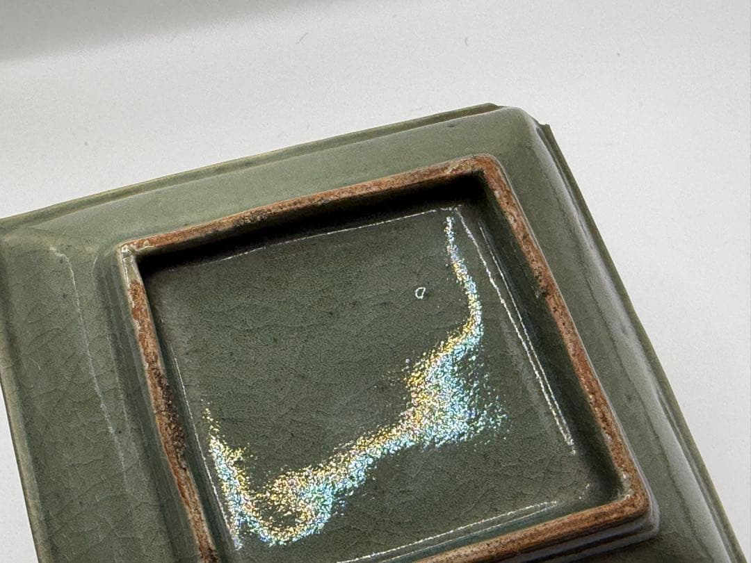 耀州窯青磁　蓮鷺紋角皿① 福如東海寿比南山　送料込み260120