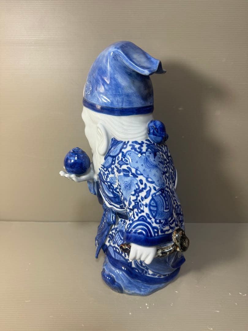 2625 九谷焼　八幡窯　菊仙　染付　寿老人　縁起物　置物　美品