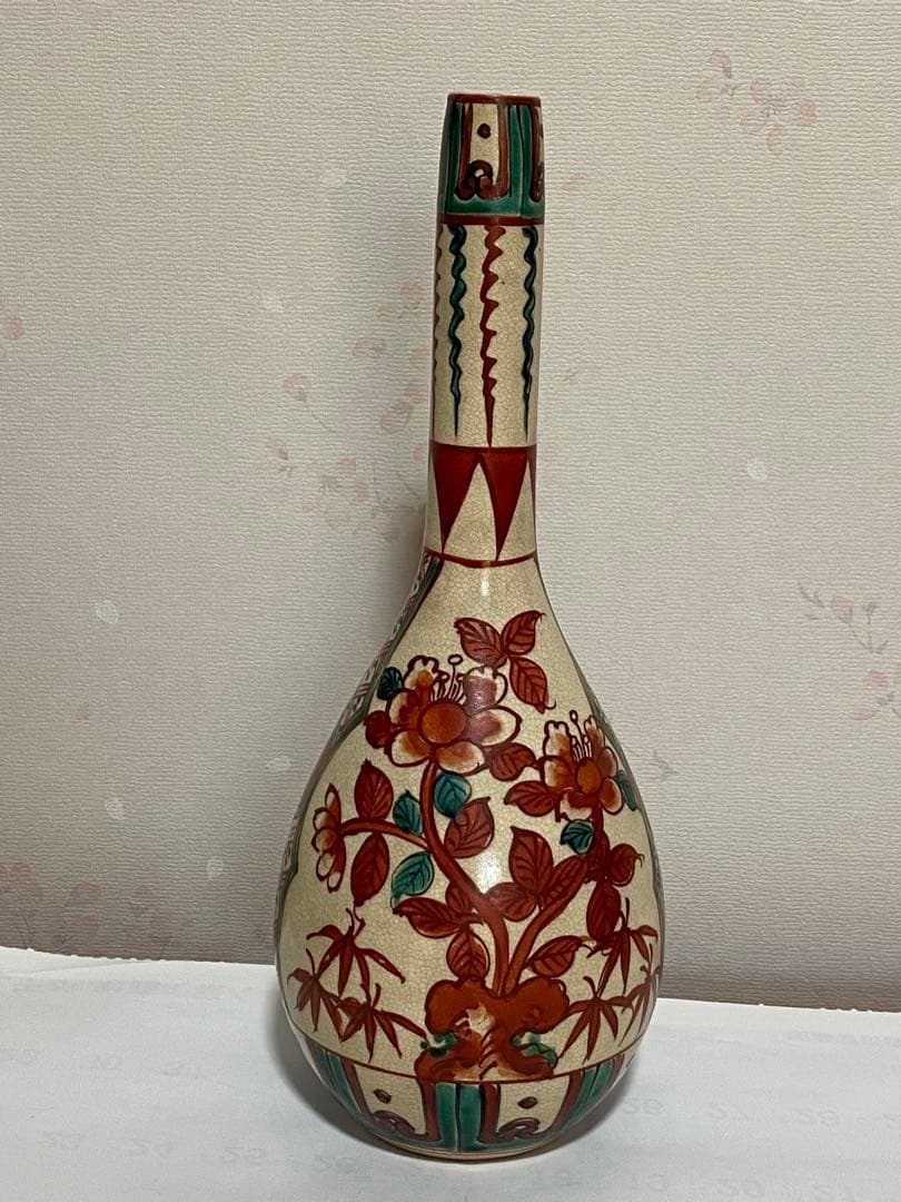♦赤絵 赤玉 瓔珞 鋸歯 紋様 鶴首瓶 徳利 九谷焼 越中八尾 大正時代 骨董品