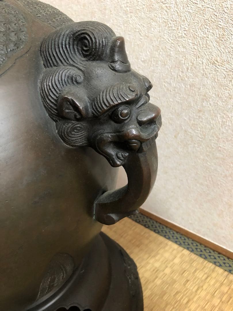 骨董　中国　明時代　古銅龍耳桃鈕壺　大型