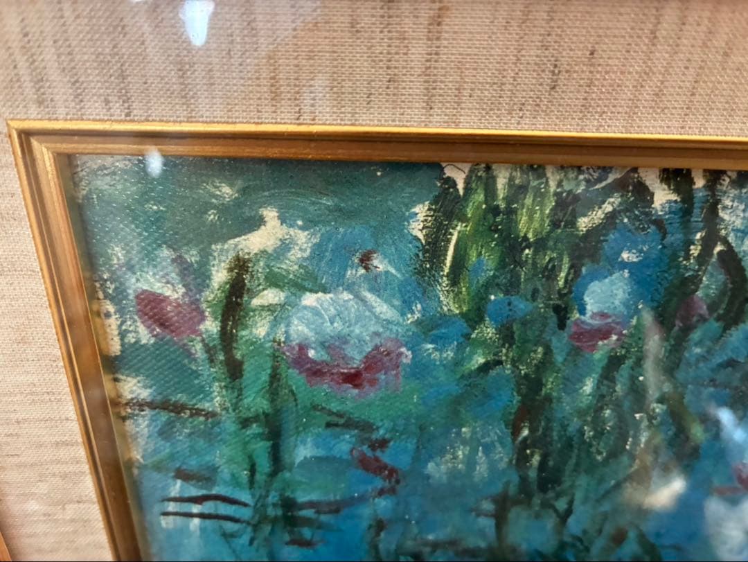 KA82☆青い睡蓮☆モネ 風景画 額縁付 説明付 箱有り 袋有り 大型 美品