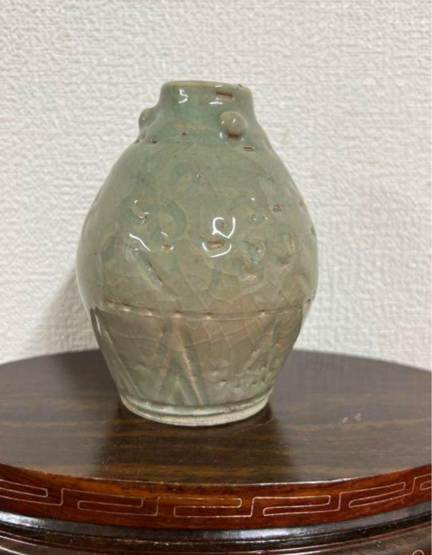 宋代古美術　時代物　龍泉窯青瓷花瓶 小缶