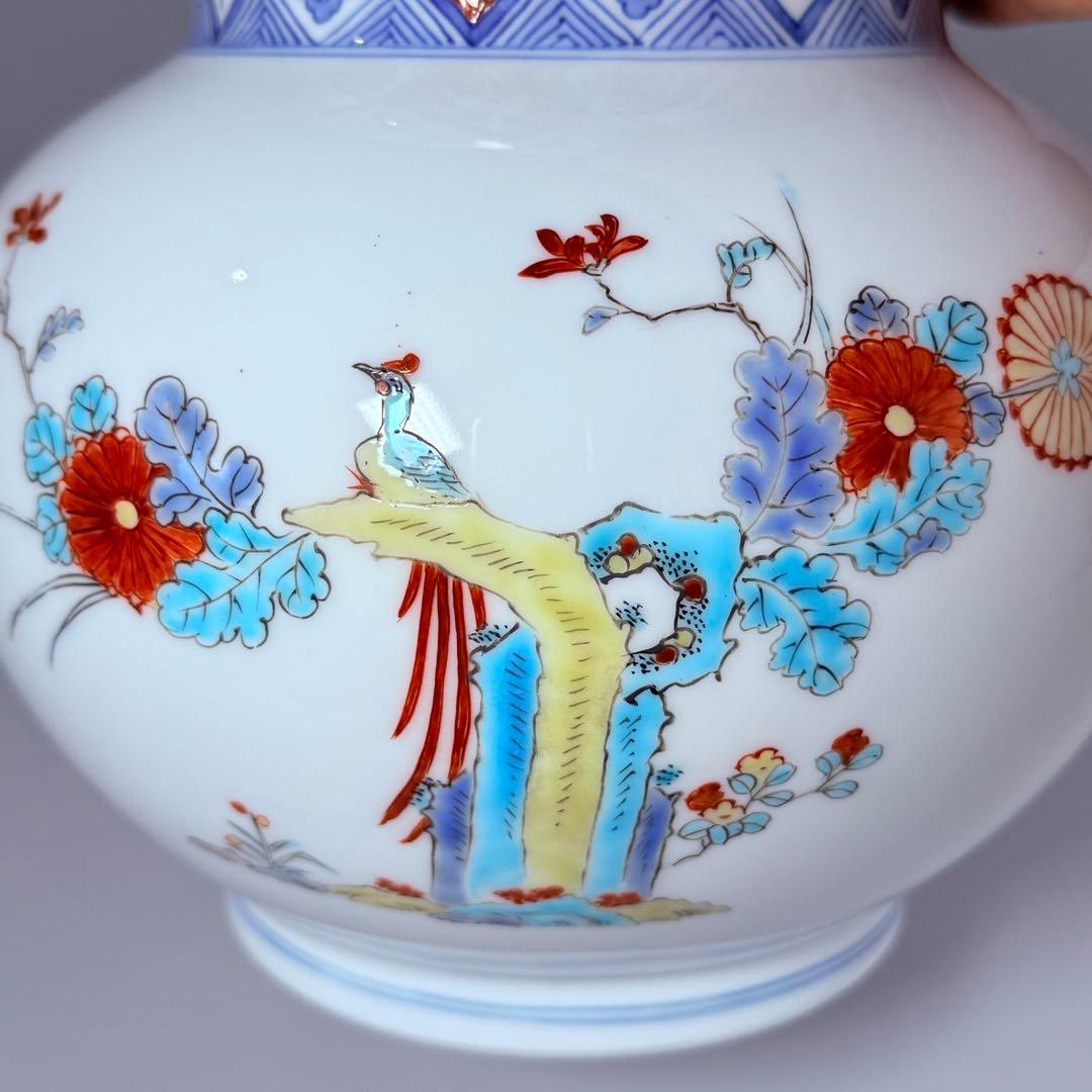 大正～昭和初期　柿右衛門　染錦柳小鳥絵丸胴型花器　共箱　渦福　小畑秀吉