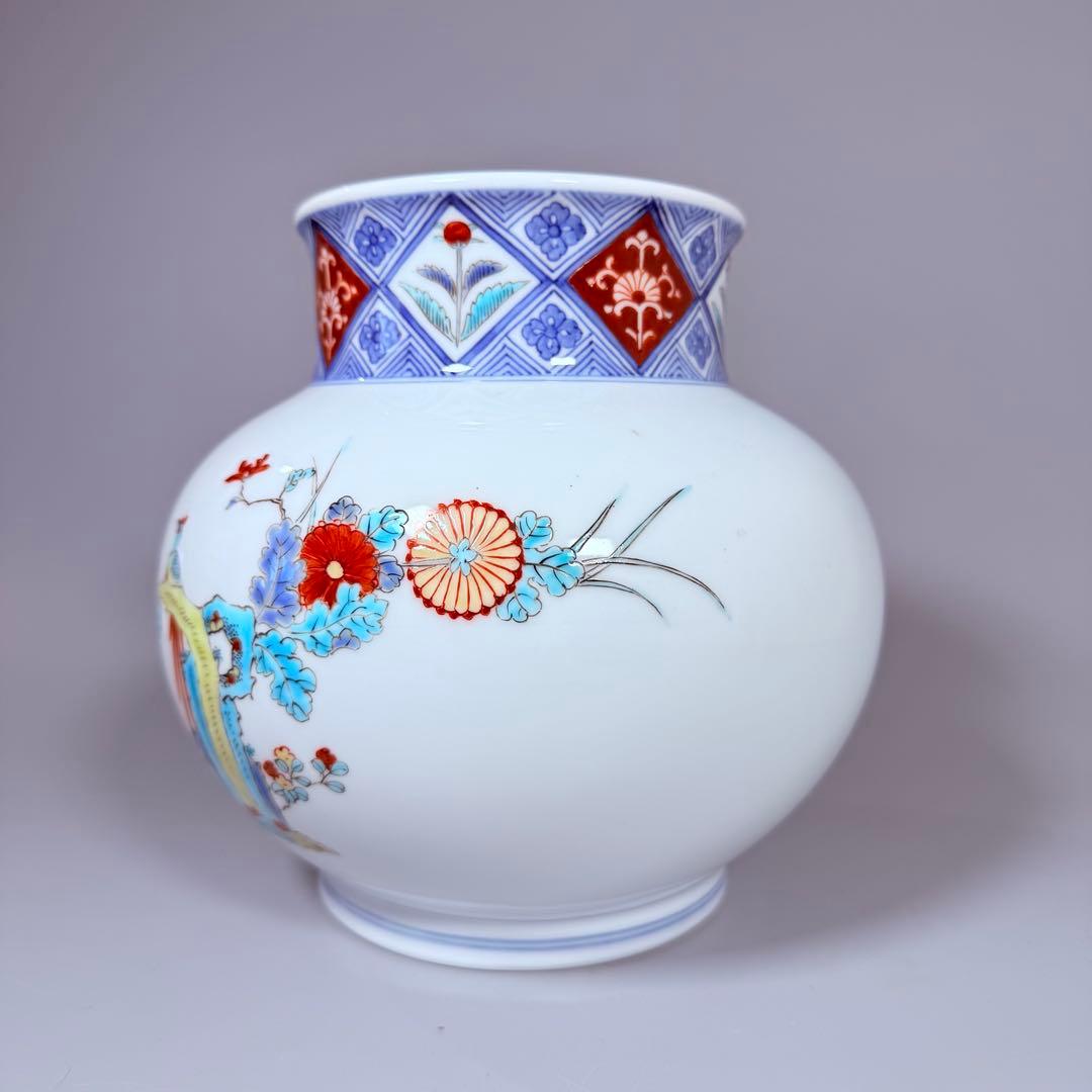 大正～昭和初期　柿右衛門　染錦柳小鳥絵丸胴型花器　共箱　渦福　小畑秀吉