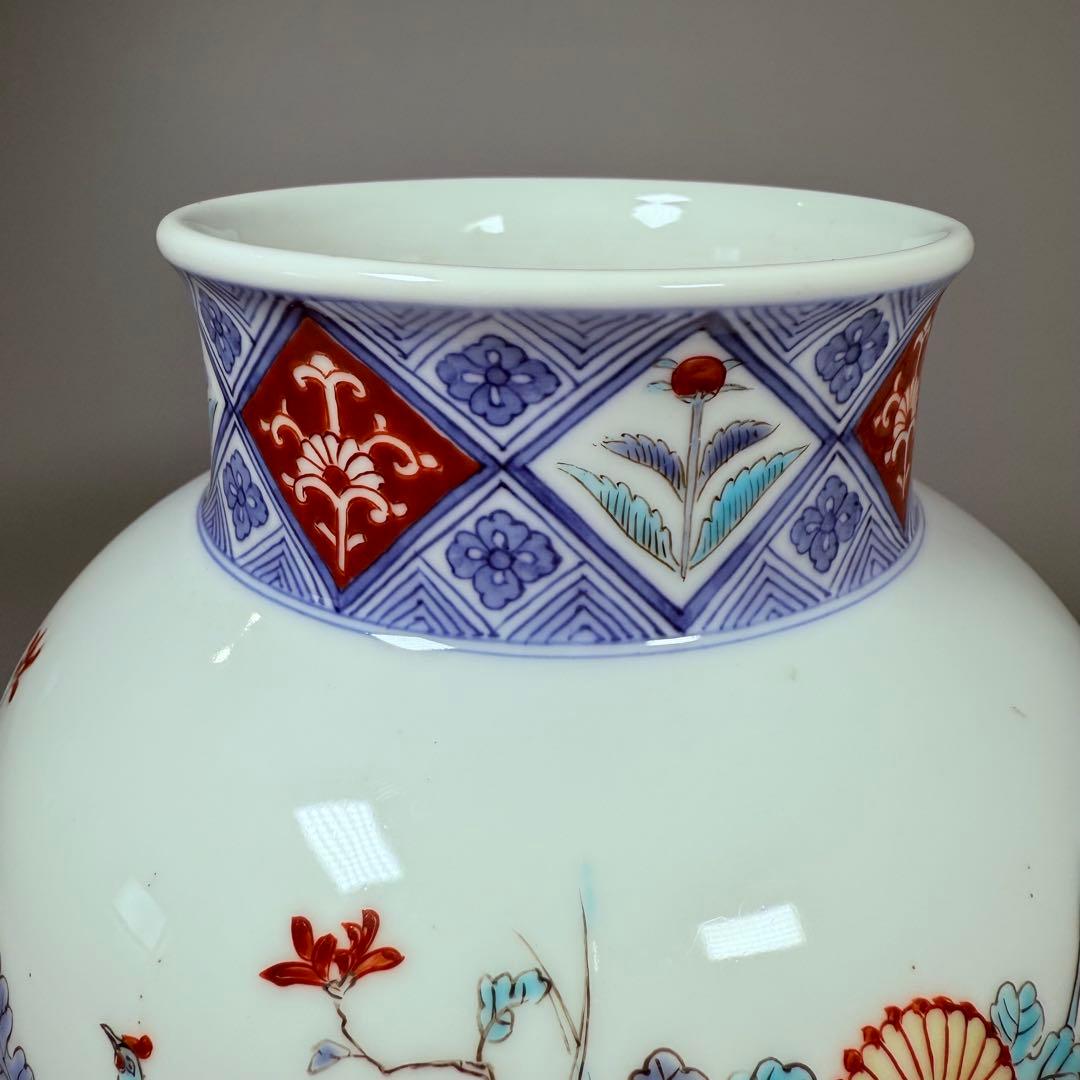 大正～昭和初期　柿右衛門　染錦柳小鳥絵丸胴型花器　共箱　渦福　小畑秀吉