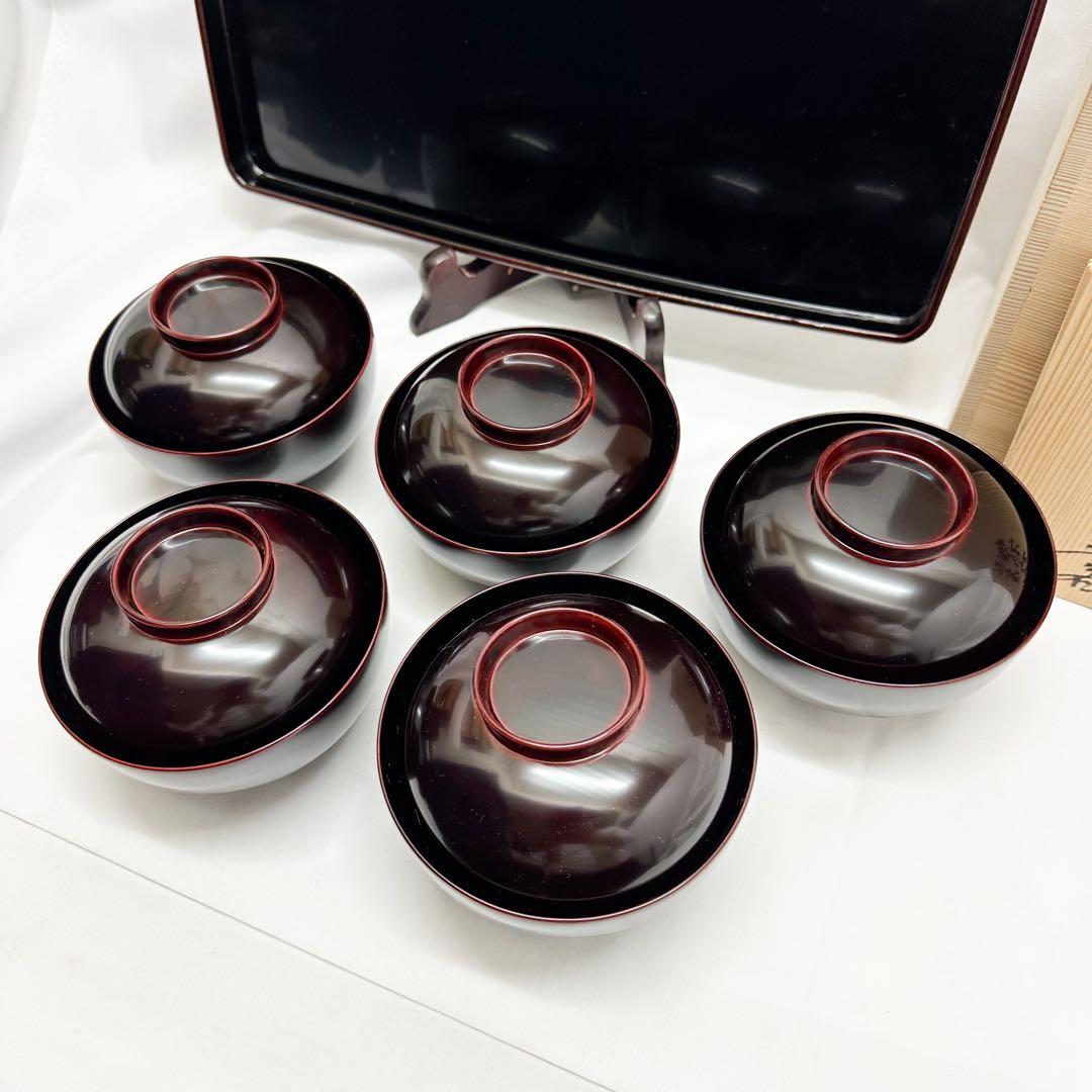 未使用 輪島塗 吸物椀 5客セットとお盆 艶消し 溜蝋色 希少 共箱付 高級品