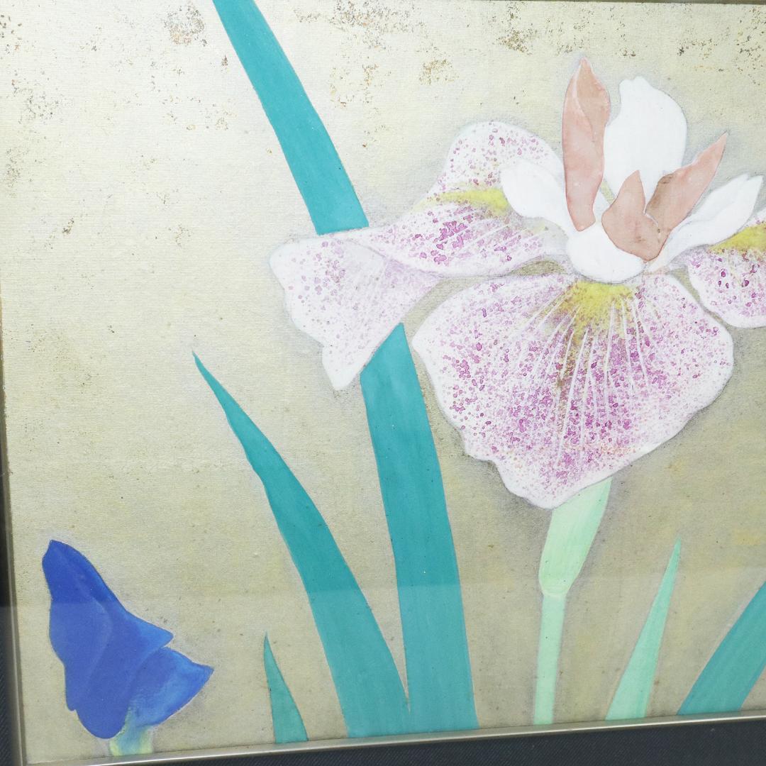 真作 豊秋半次 「菖蒲」日本画 6号 共シール