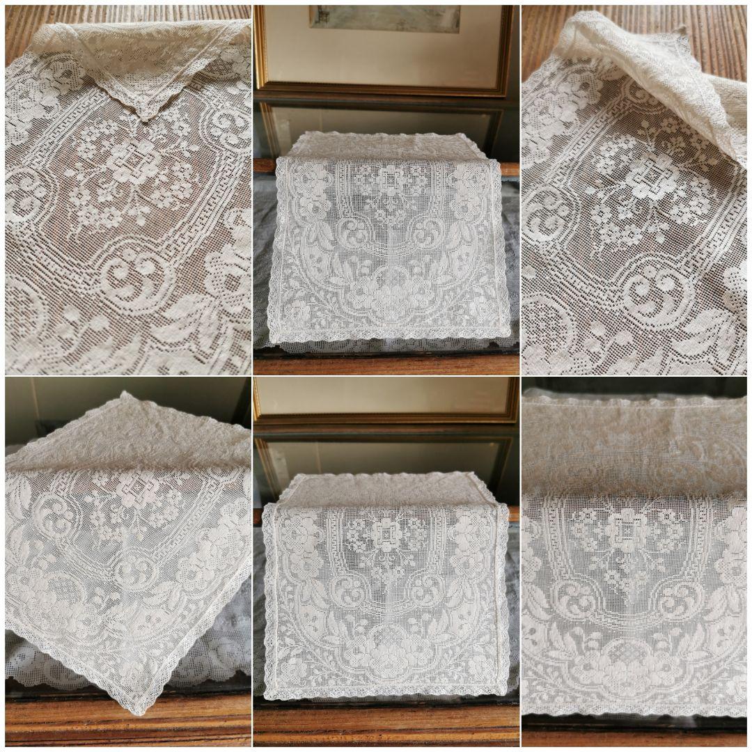 アンティーク 目の細かな◻◽フィレレース レクタングル トレイクロス ローズ紋様