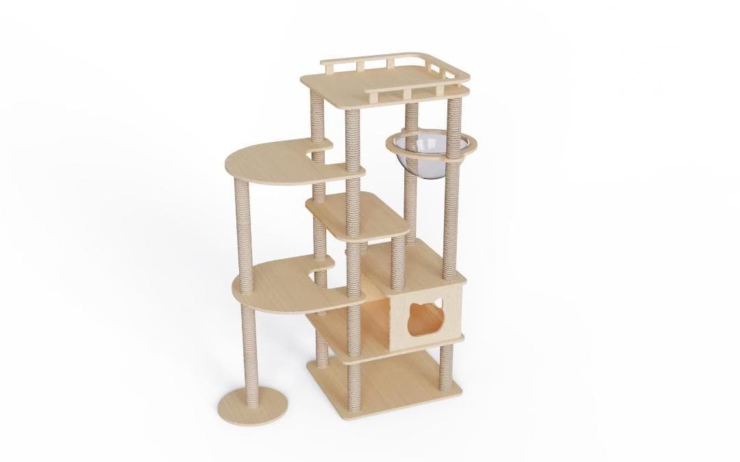 広い展望台付き キャットタワー 木製 大型猫 高さ約137cm 据え置き型