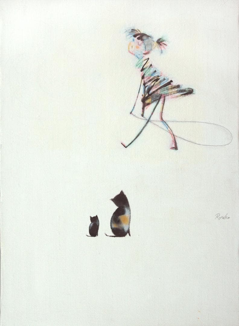 油絵 菅家令子 絵 絵画インテリア額付(黒) F4-030319 猫親子と女の子