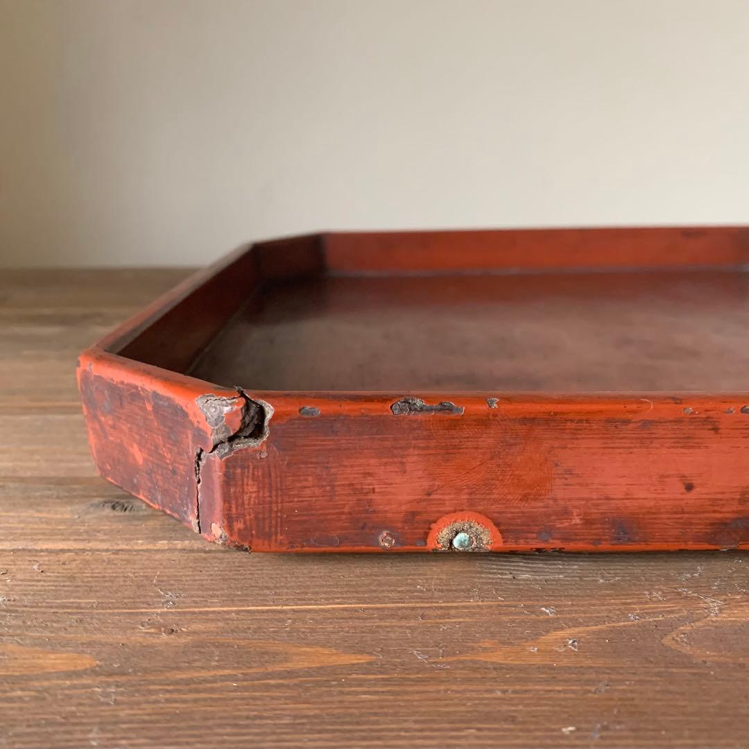 隅切 折敷 朱塗り盆 No.2 古美術 古道具 アンティーク 盆 折敷盆