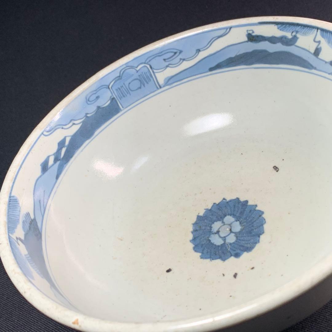 K684⭐︎湖東焼 染付 見込みは五弁花 唐子文 二重角福 献上手 鉢