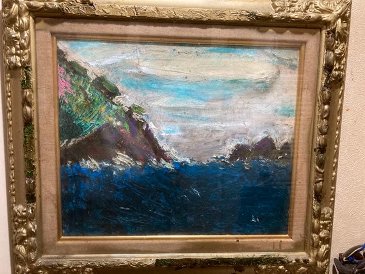 風景絵画、鬼ヶ城と熊野灘、F8号、油絵額入り