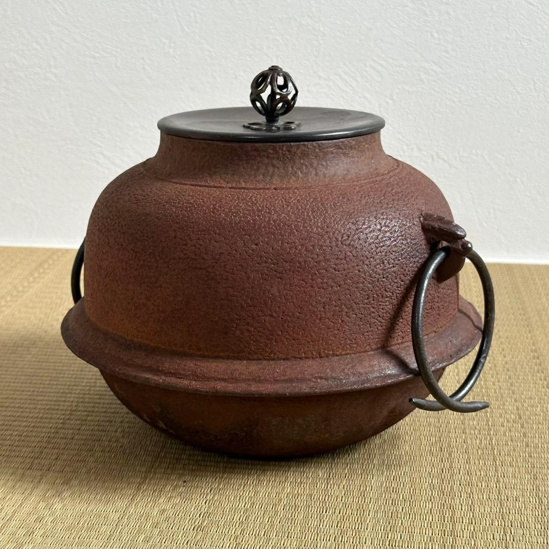 唐銅【朝鮮風炉釜 茶釜】釜環 銅蓋 電熱器付 茶道具