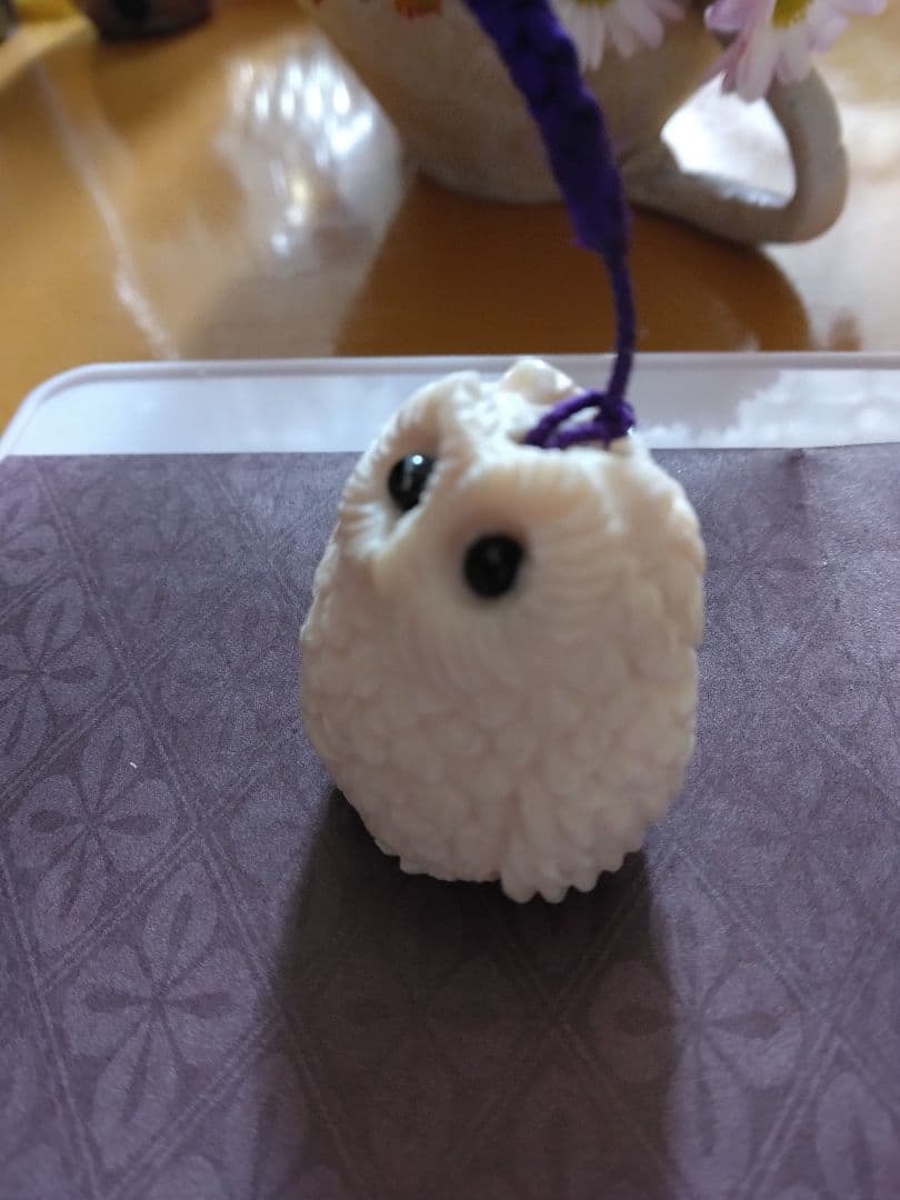 天然素材牙彫刻フクロウ根付け新品3.14x2.8cm＊＊＊