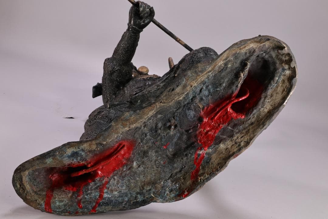 時代金工　明治期　ブロンズ像　銅製　武者　薙刀　置物　床飾　高55㎝　BK090