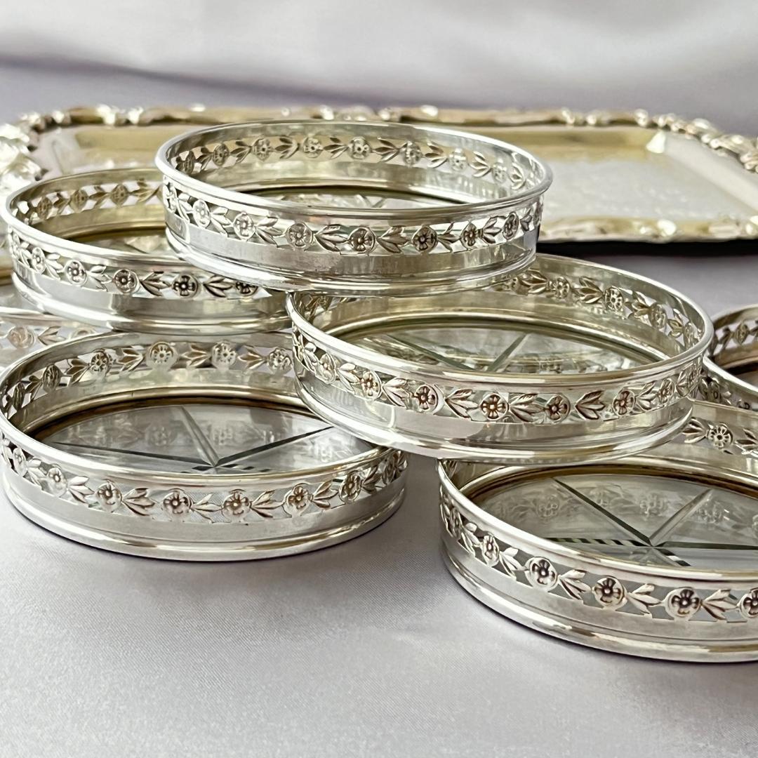 【BIRKS】 【純銀/ガラス】フローラルのコースター 8枚 スターリング