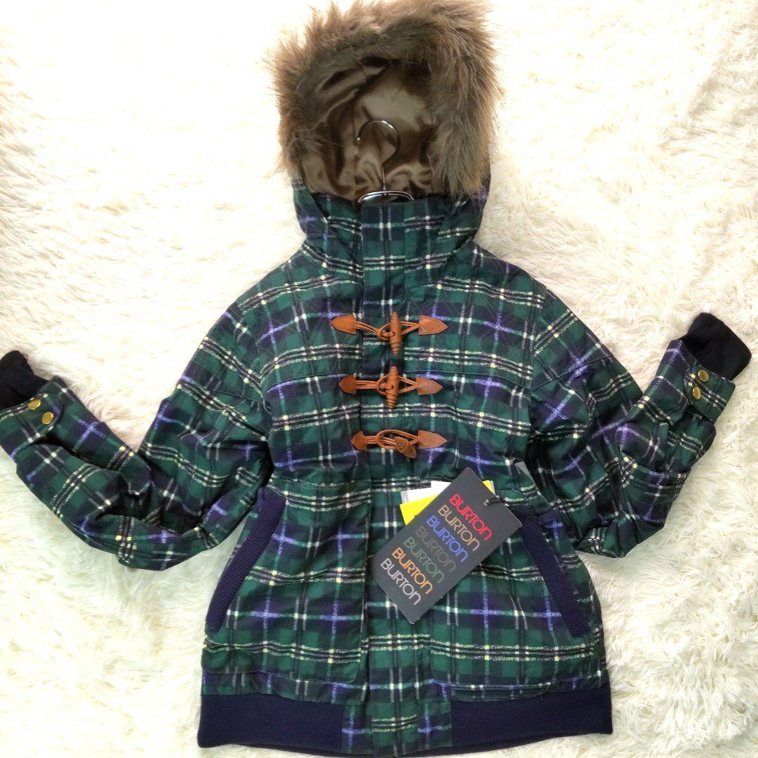 【新品未使用品】バートン　ファーフードチェックスキーウェア　スノーボード　緑
