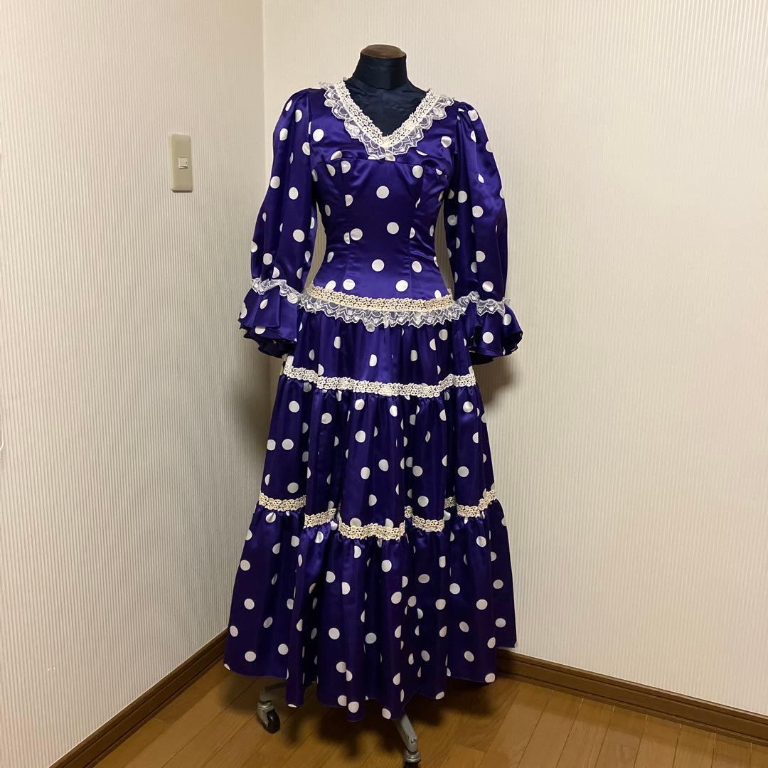 フラメンコドレス　紫色に白の水玉模様　スペイン製生地