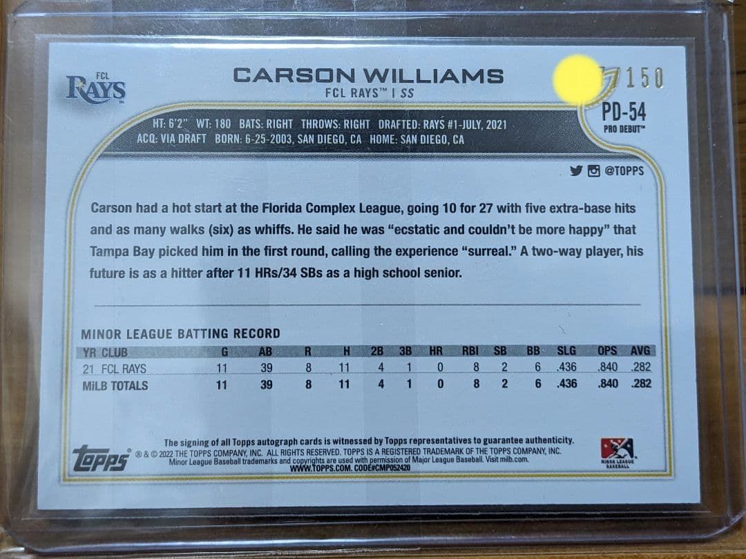Carson Williams topps auto /150シリ DEBUT