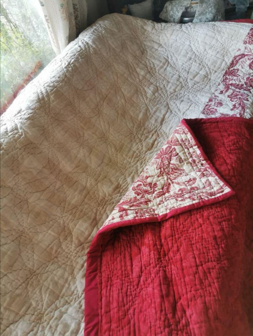 アンティーク フレンチブティ 超肉厚大判キルト ダブルフェイス 花更紗＆チェック