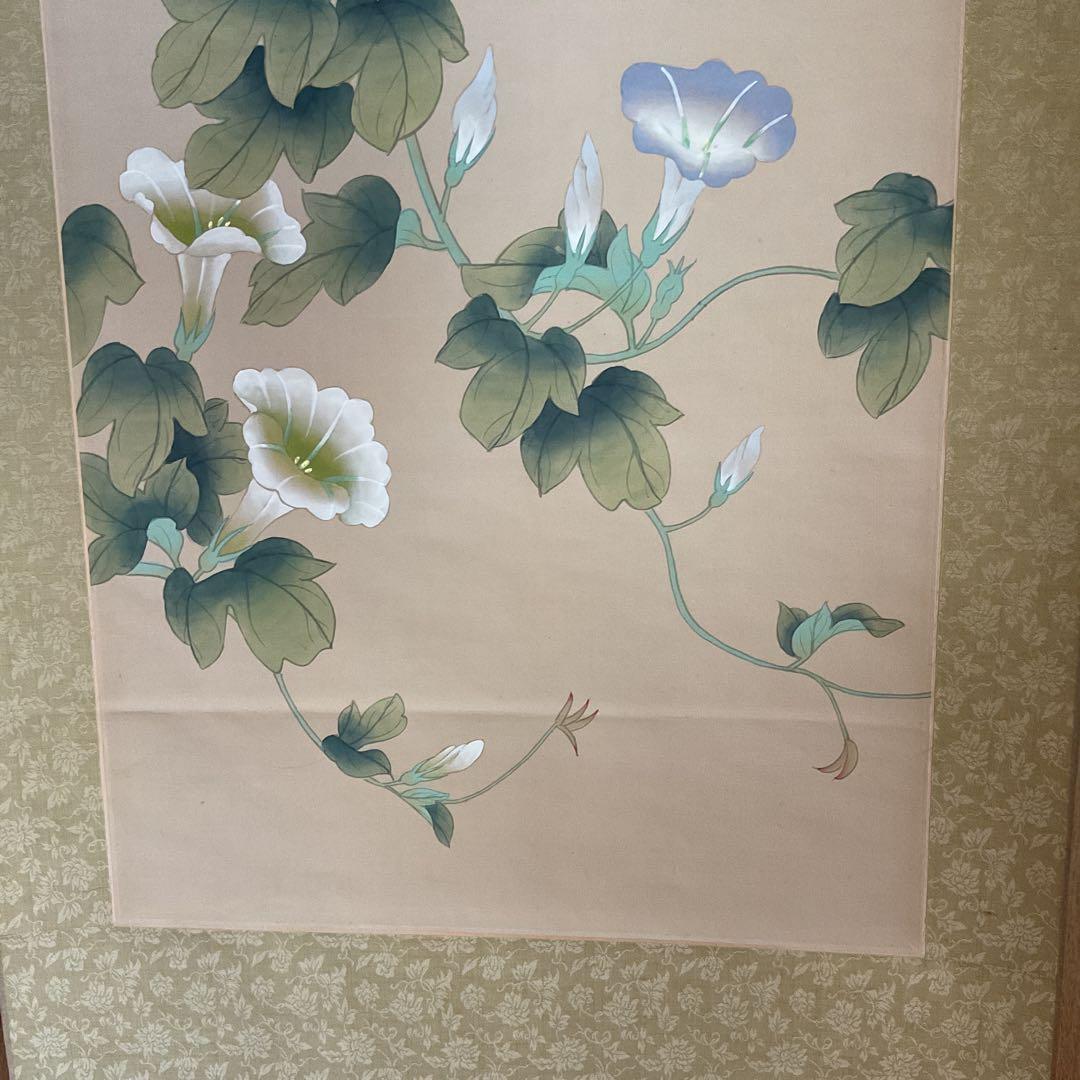 花鳥画 絹本 彩色画 ？中国画 朝顔に小禽図 軸先紫檀 タトウ箱