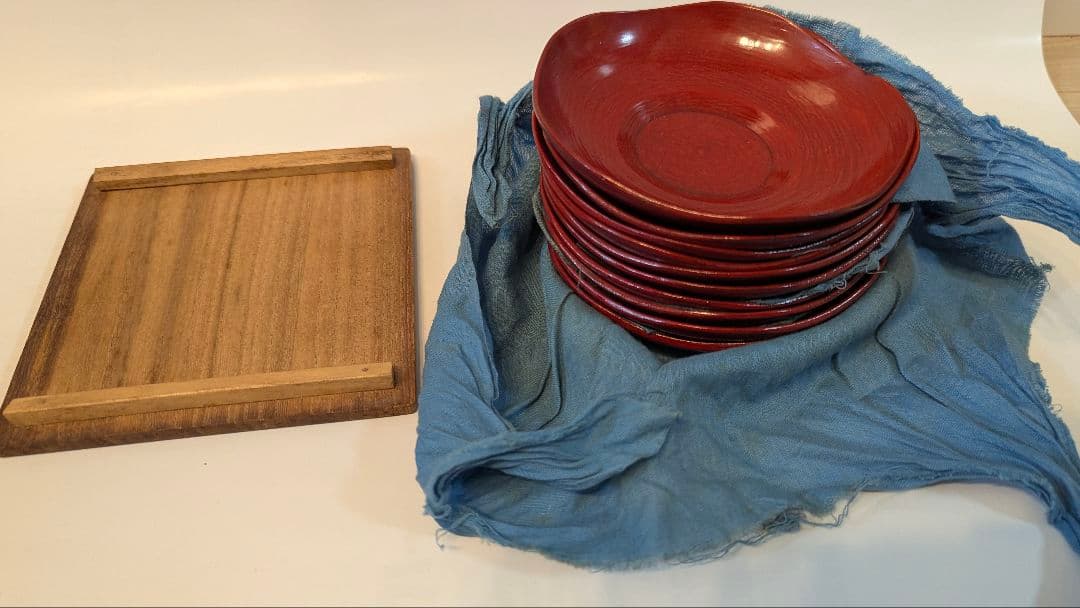 輪花　茶托　骨董　古美術　10客　箱付　漆塗　朱　托子　職人