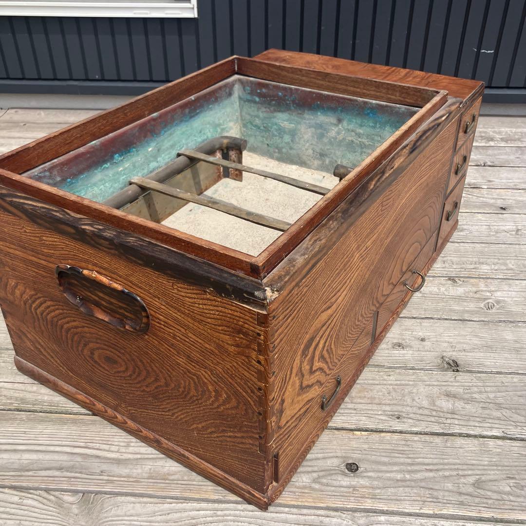 昭和レトロ 木製 長火鉢 五徳付き 5杯 引き出し収納付き 火鉢 囲炉裏 古家具