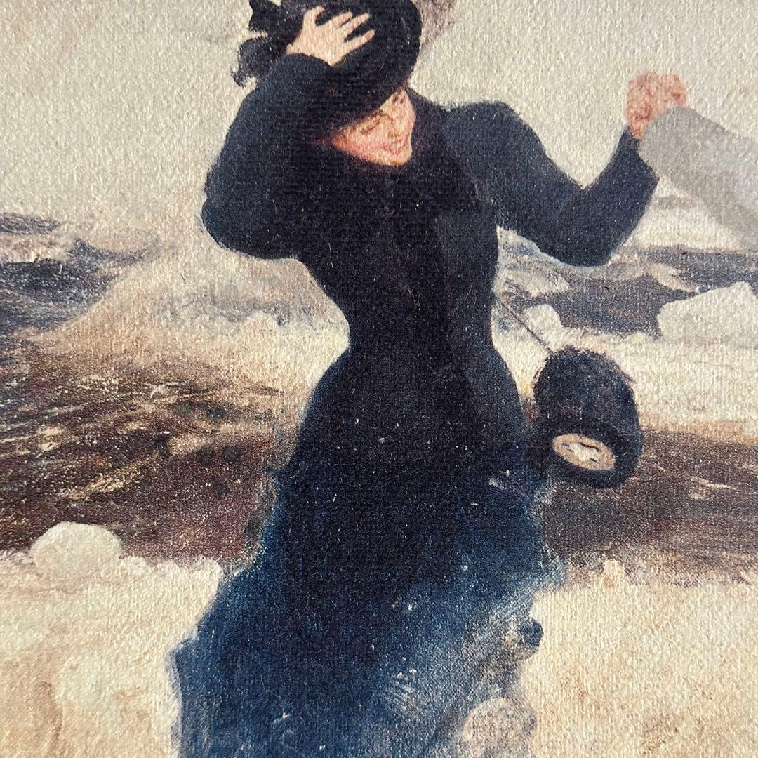 海と女性の油彩画　装飾フレーム付き 75x51.5cm