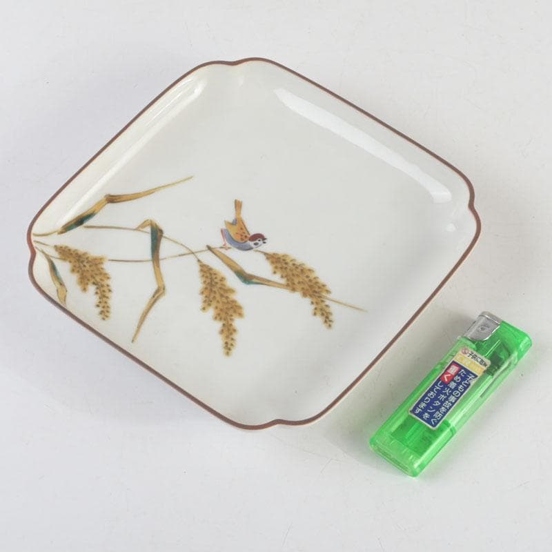 和食器　九谷焼　竹村正一作　色絵　稲穂に雀図　皿揃　五客　共箱　V　9457