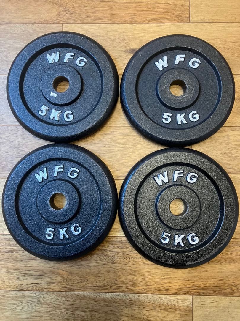 バーベルシャフト、5kgプレート4枚、10kgプレート2枚