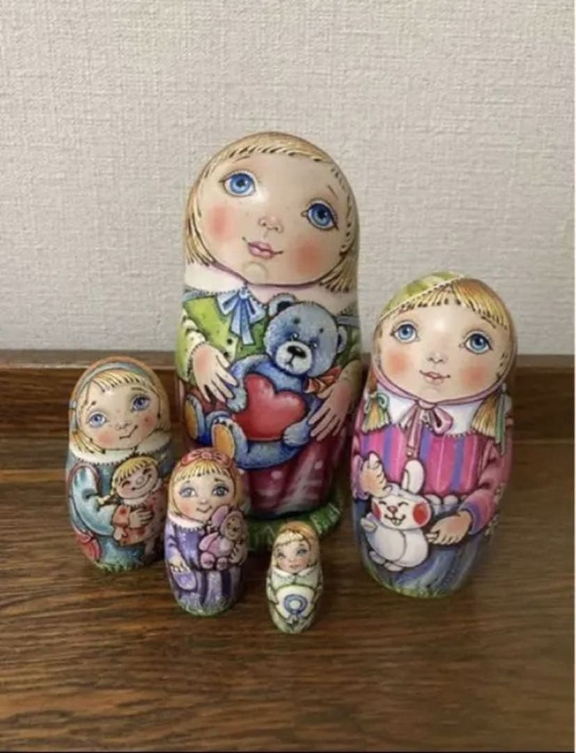 ロシア雑貨☆『Teddy bear』ウッドバーニング マトリョーシカ5P ミラ作