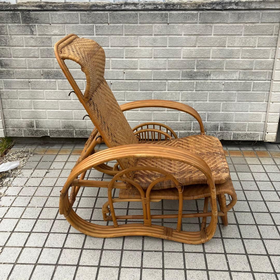 昭和レトロ ラタンリクライニングチェア オットマン付き 籐家具 1人掛けソファー