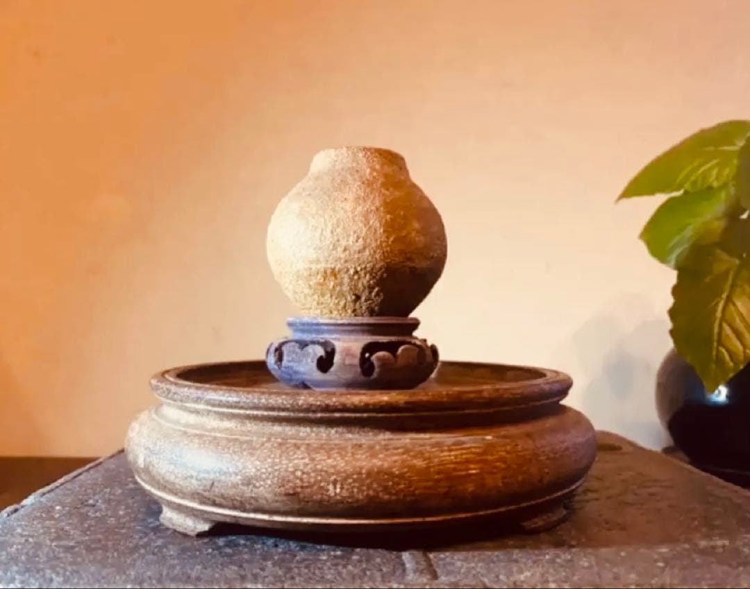 アンティーク　美品ブルナイ　小花器　極小唐木台座　３種・３点セット レア