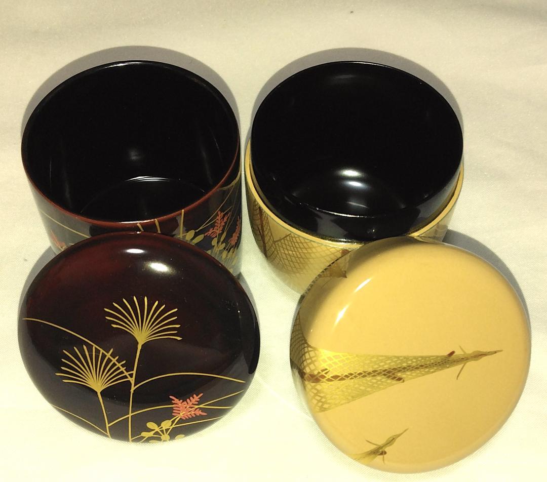 茶道具　中村湖彩作　四季棗の内　夏棗網干蒔絵白棗　秋棗秋草蒔絵秋棗　二点　美品！