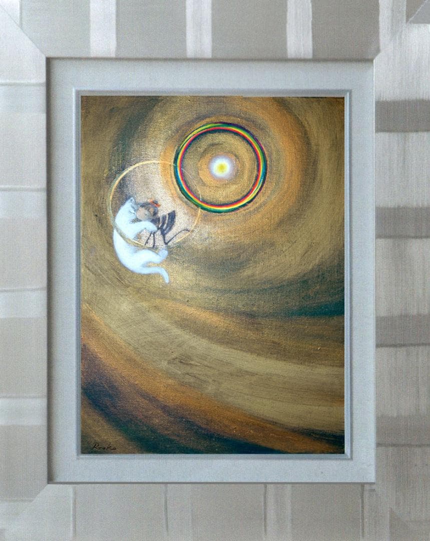 油絵 菅家令子絵 絵画インテリア額付(青緑＋金色の枠)F4-030119子猫犬子