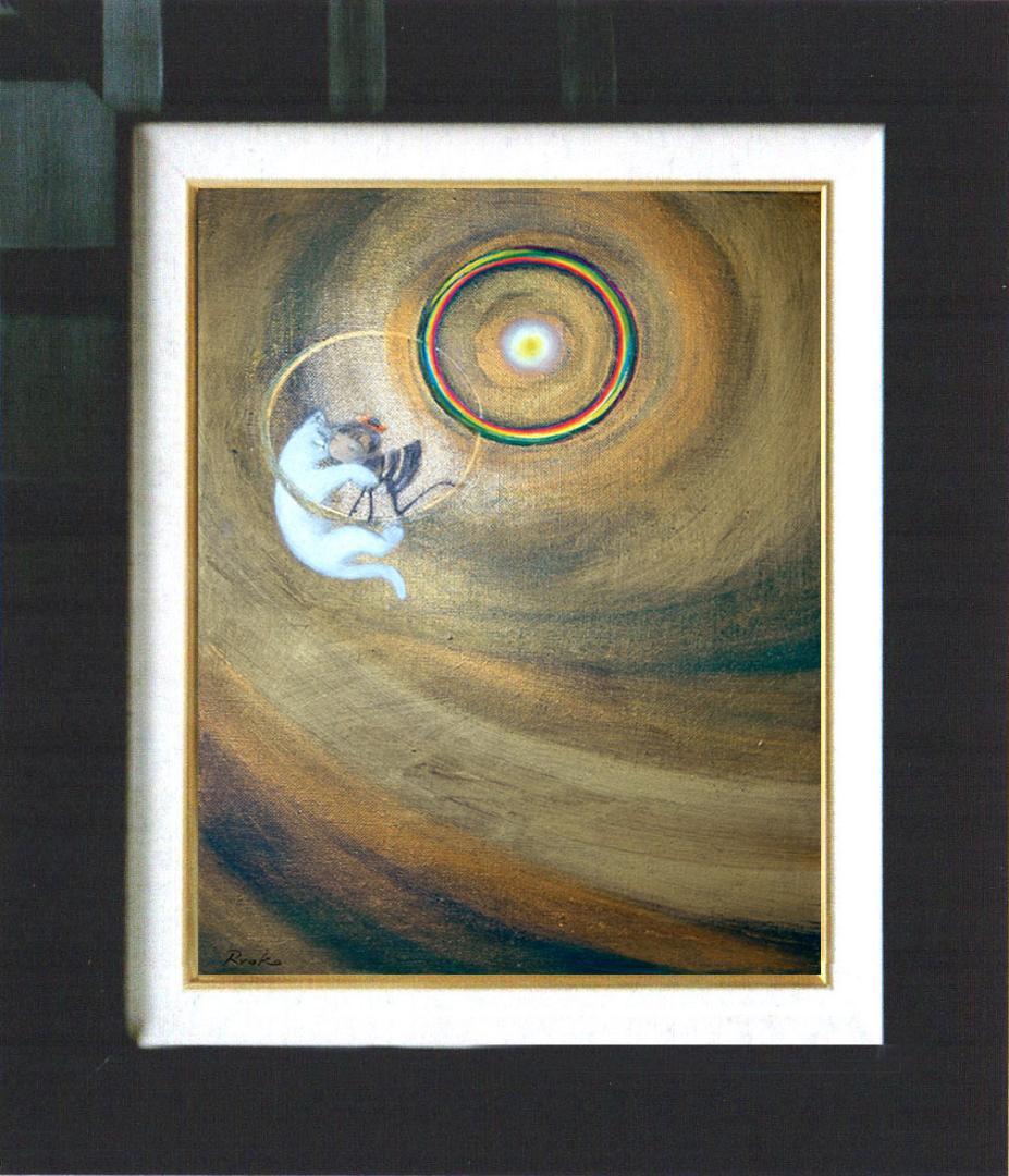 油絵 菅家令子絵 絵画インテリア額付(青緑＋金色の枠)F4-030119子猫犬子